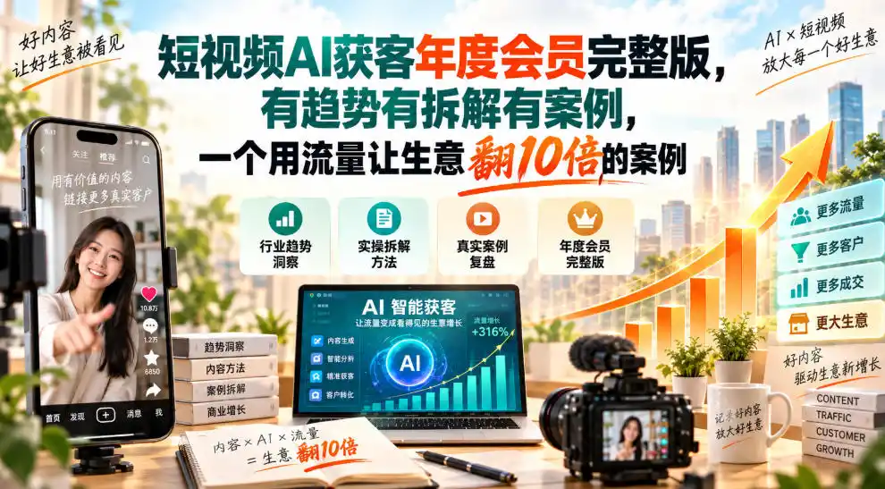 短视频AI获客年度会员完整版,有趋势有拆解有案例,一个用流量让生意翻10倍的案例-二当家网创资源站