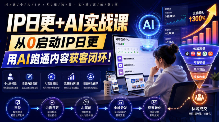 IP日更+AI实战课，从0启动IP日更，IP置顶视频制作+100条选题库搭建+10条日更规划，用AI跑通内容获客闭环!-二当家网创资源站