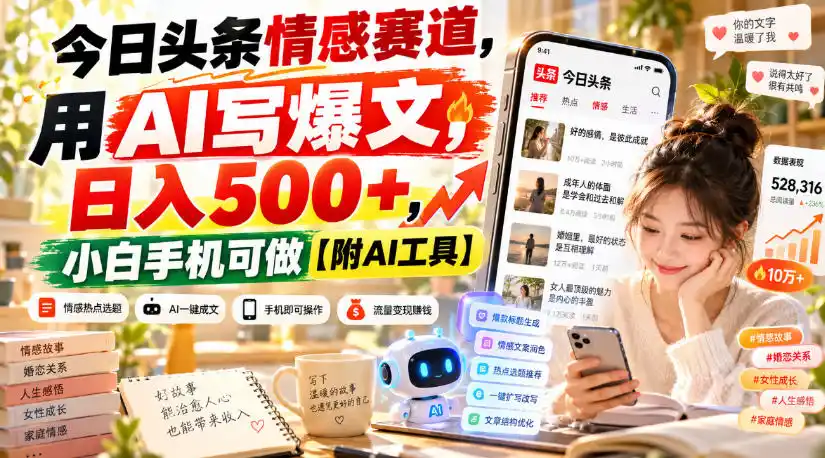 今日头条情感赛道,用AI写爆文,日入500+,小白手机可做【附AI工具】-二当家网创资源站