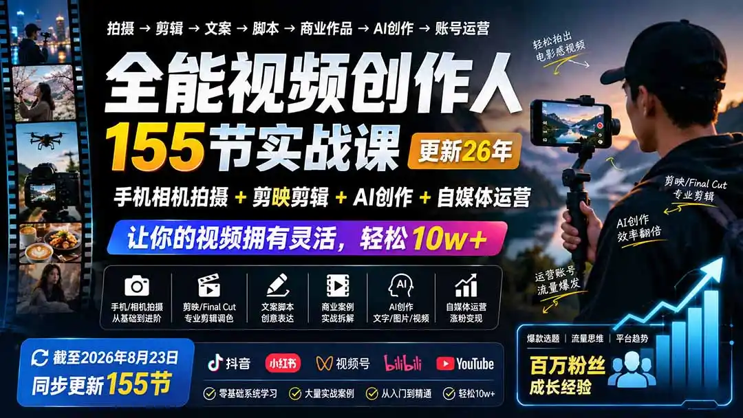 全能视频创作人155节实战课-更新26年8月：手机相机拍摄+剪映剪辑+AI创作+自媒体运营，让你的视频拥有灵活，轻松10w-二当家网创资源站