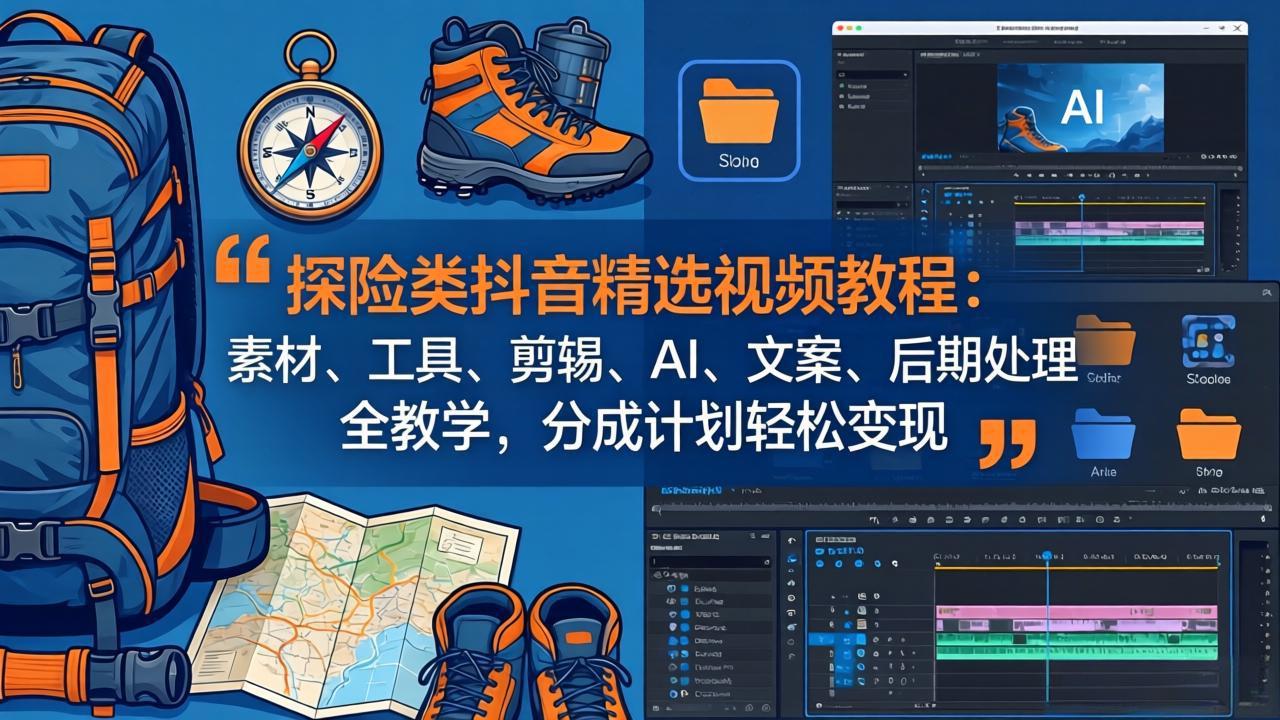 探险类抖音精选视频教程：素材、工具、剪辑、AI、文案、后期处理全教学，分成计划轻松变现-二当家网创资源站