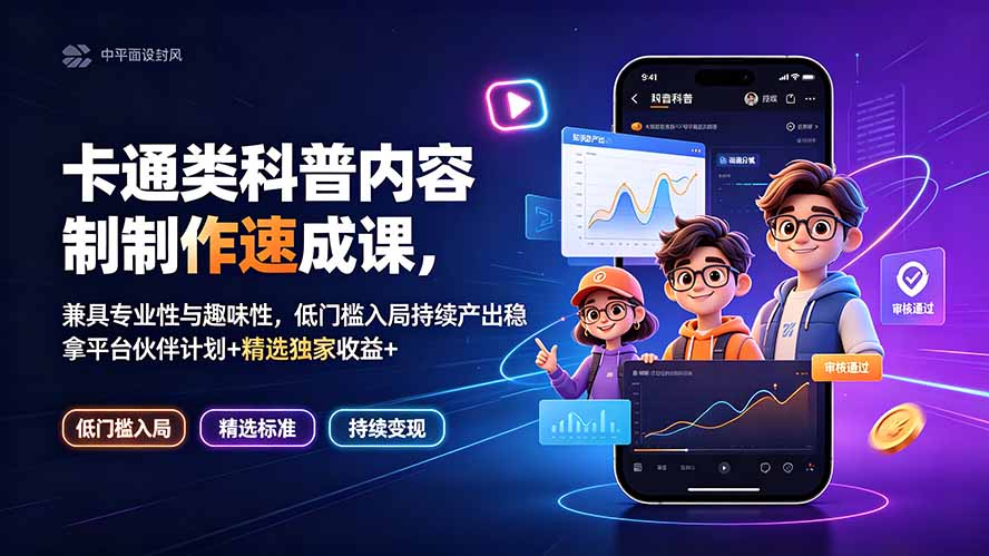 卡通类科普内容制作速成课，兼具专业性与趣味性，低门槛入局持续产出稳拿平台伙伴计划+精选独家收益-二当家网创资源站