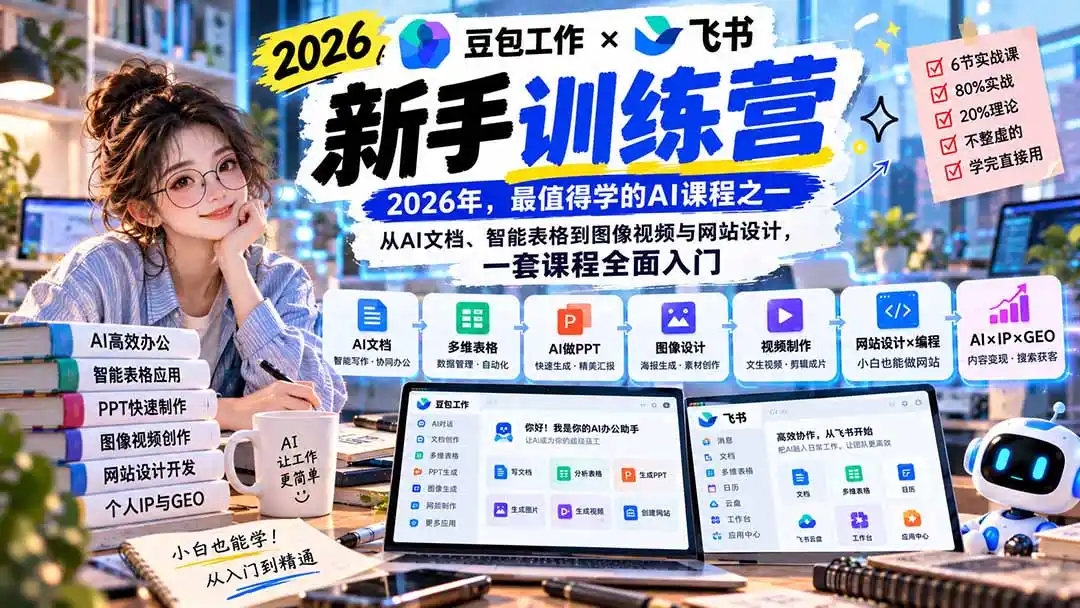 2026豆包工作+飞书新手训练营-9月新课:从AI文档、智能表格到图像视频与网站设计,一套课程全面入门-二当家网创资源站
