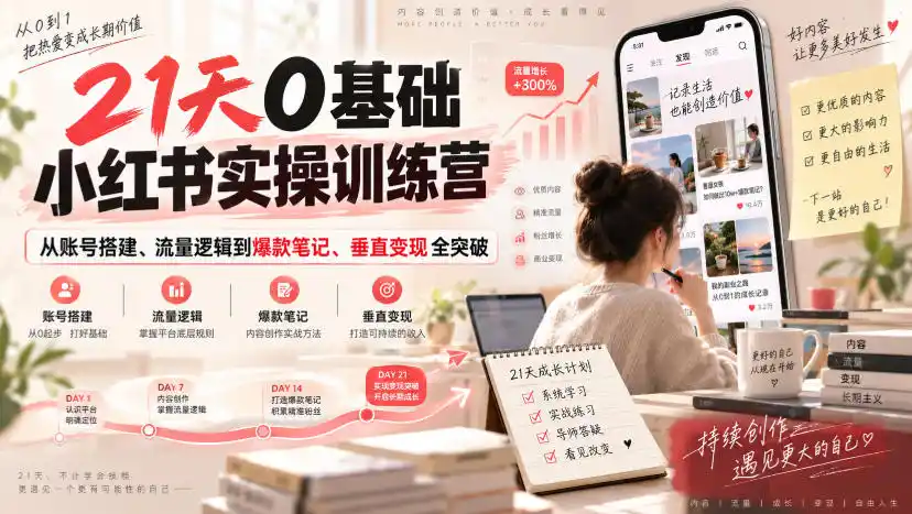 21天0基础小红书实操训练营|从账号搭建、流量逻辑到爆款笔记、垂直变现全突破-二当家网创资源站