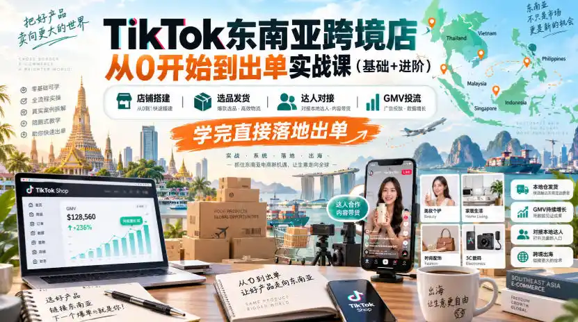 TikTok东南亚跨境店从0开始到出单实战课(基础+进阶),店铺搭建、选品发货、达人对接、GMV投流,学完直接落地出单-二当家网创资源站