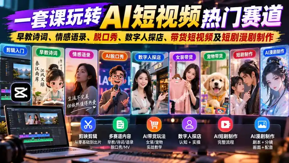 一套课玩转AI短视频热门赛道：早教诗词、情感语录、脱口秀、数字人探店、带货短视频及短剧漫剧制作 复制标题-二当家网创资源站