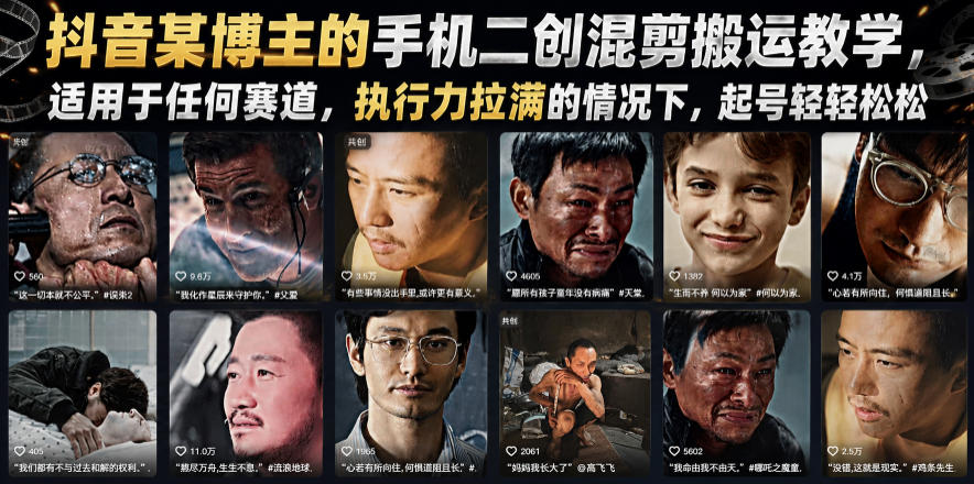 抖音某博主的手机二创混剪搬运教学，适用于任何赛道，执行力拉满的情况下，起号轻轻松松-二当家网创资源站