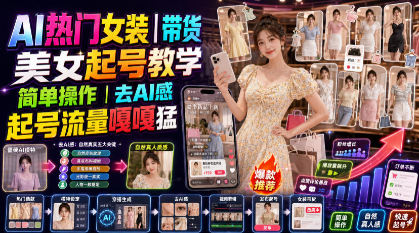 AI热门女装带货丨美女起号教学，简单操作，去AI感，起号流量嘎嘎猛-二当家网创资源站