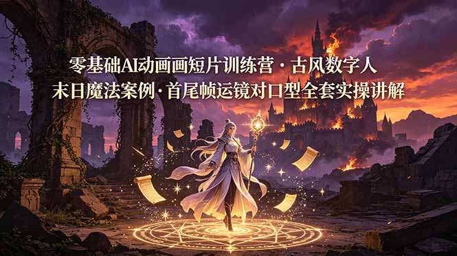 零基础AI动画短片训练营，古风数字人末日魔法案例，首尾帧运镜对口型全套实操讲解-二当家网创资源站