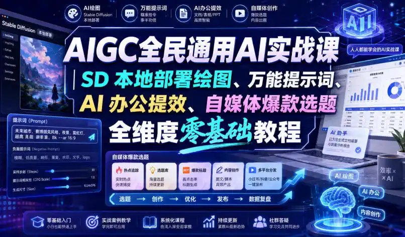 AIGC全民通用AI实战课｜SD本地部署绘图、万能提示词、AI办公提效、自媒体爆款选题全维度零基础教程-二当家网创资源站