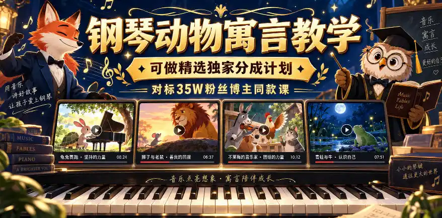 钢琴动物寓言教学,可做精选独家分成计划,对标35W粉丝博主同款课-二当家网创资源站