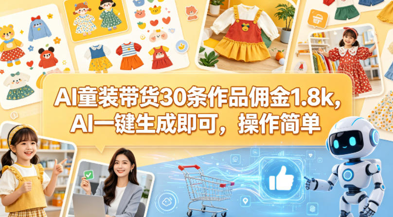 AI童装带货30条作品佣金1.8k，AI一键生成即可，操作简单-二当家网创资源站