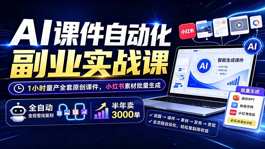 AI课件自动化副业实战课:1小时量产全套原创课件×小红书素材批量生成×全自动变现管线×半年卖3000单-二当家网创资源站