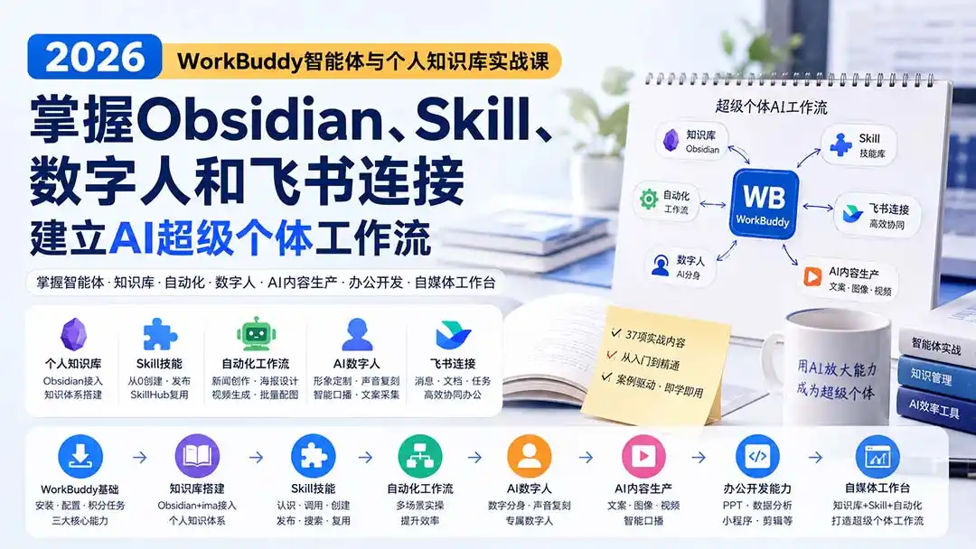 2026 WorkBuddy智能体与个人知识库实战课:掌握Obsidian、Skill、数字人和飞书连接,建立AI超级个体工作流-二当家网创资源站