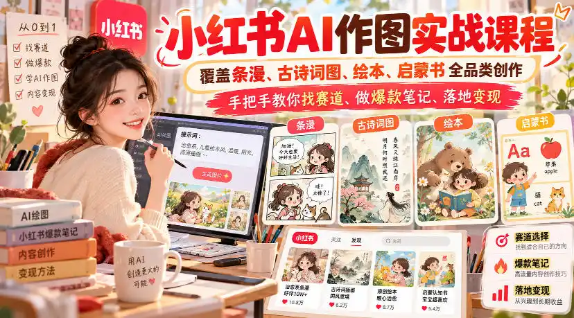 小红书AI作图实战课程,覆盖条漫、古诗词图、绘本、启蒙书全品类创作,手把手教你找赛道、做爆款笔记、落地变现-二当家网创资源站