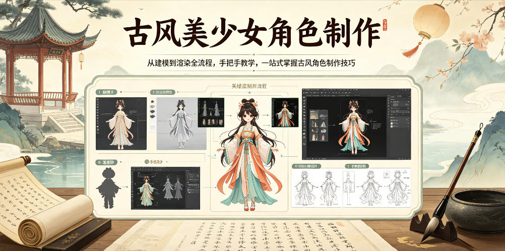 古风美少女角色制作,从建模到渲染全流程,手把手教学,一站式掌握古风角色制作技巧-二当家网创资源站