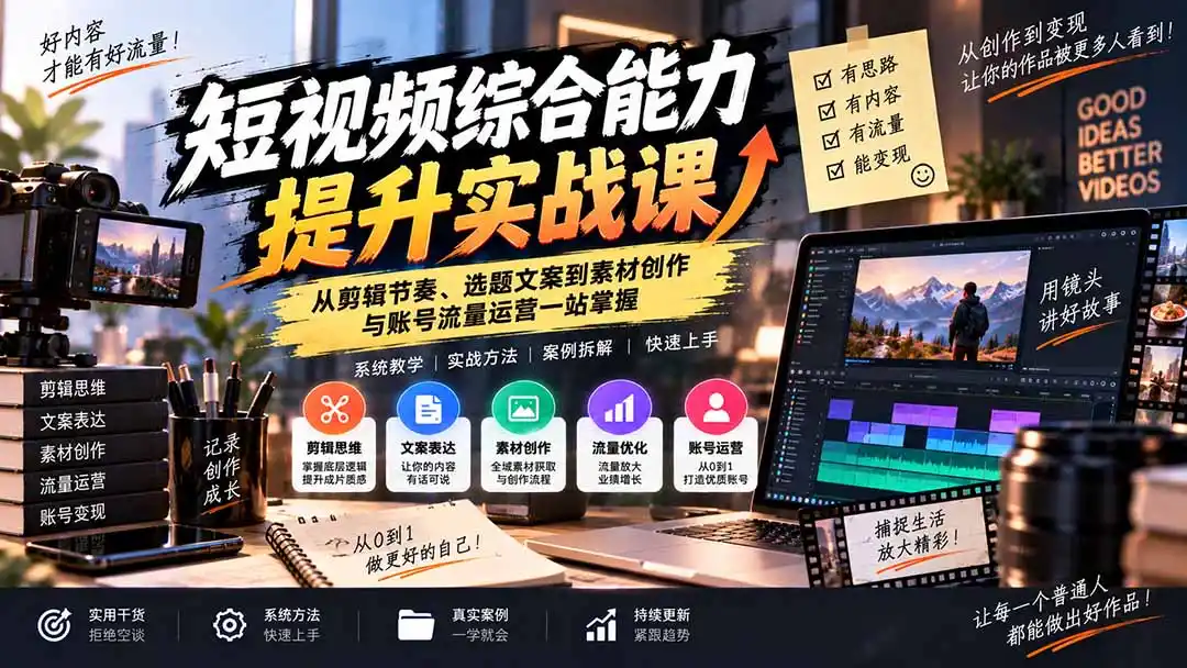 短视频综合能力提升实战课:从剪辑节奏、选题文案到素材创作与账号流量运营一站掌握-二当家网创资源站