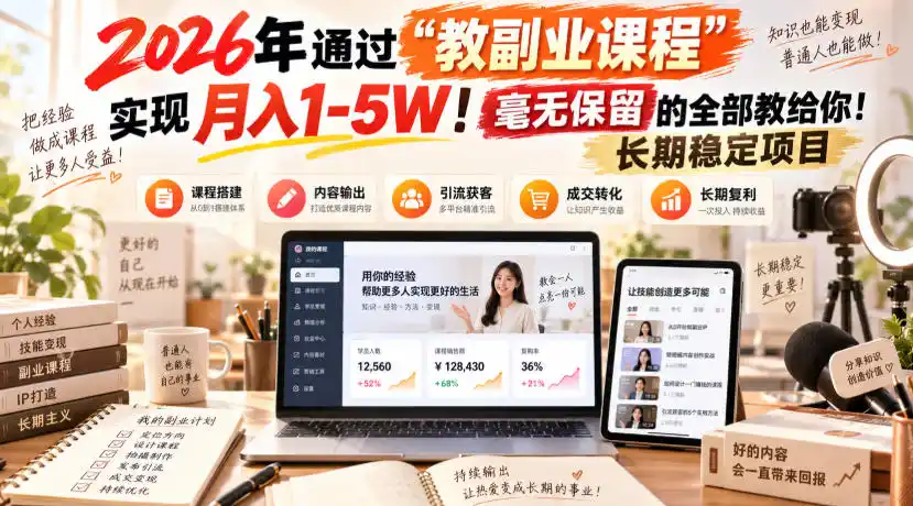 2026年通过“教副业课程”实现月入1-5W!毫无保留的全部教给你!长期稳定项目-二当家网创资源站