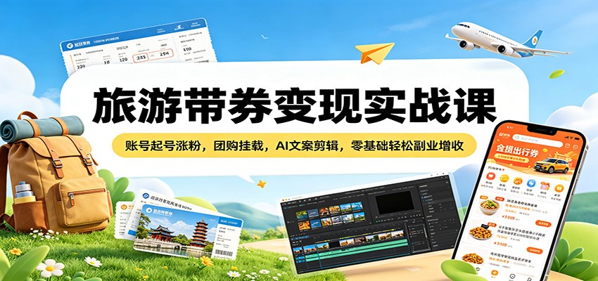 旅游带券变现实战课：账号起号涨粉，团购挂载，AI文案剪辑，零基础轻松副业增收-二当家网创资源站
