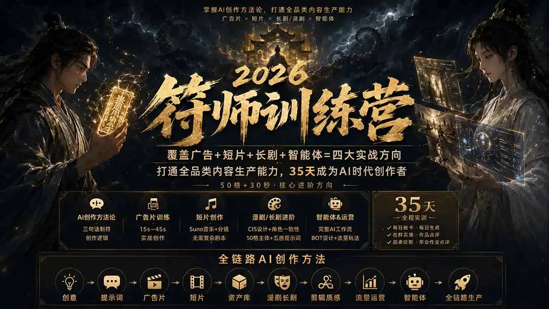 符师训练营-35天成为AI时代创作者,广告+短片+漫剧+智能体四大实战方向,掌握从创意到上线的完整工作流-二当家网创资源站