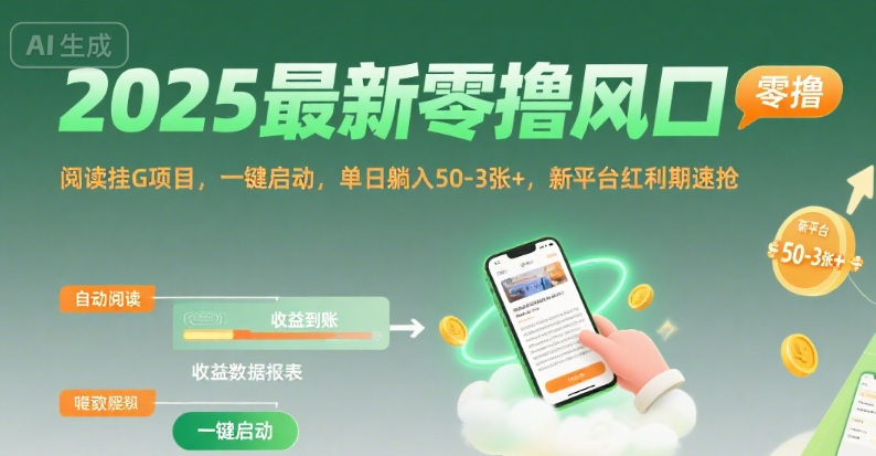 2025最新零撸风口，阅读挂G项目，一键启动，单日躺入 50-3张+，新平台红利期速抢【揭秘】-二当家网创资源站