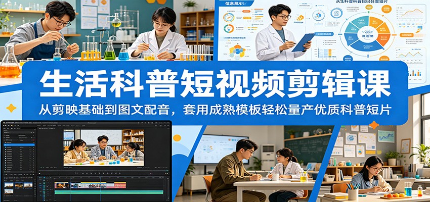 生活科普短视频剪辑课：从剪映基础到图文配音，套用成熟模板轻松量产优质科普短片-二当家网创资源站
