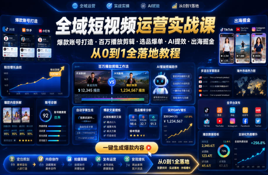 全域短视频运营实战课,爆款账号打造・百万播放剪辑・选品爆单・AI提效・出海掘金,从0到1全落地教程-二当家网创资源站