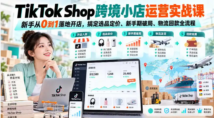 TikTok Shop跨境小店运营实战课,新手从0到1落地开店,搞定选品定价、新手期破局、物流回款全流程-二当家网创资源站