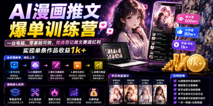 AI漫画推文爆单训练营，一台电脑，零基础可做，吃透百亿推文赛道红利，实现单条作品收益1k+-二当家网创资源站