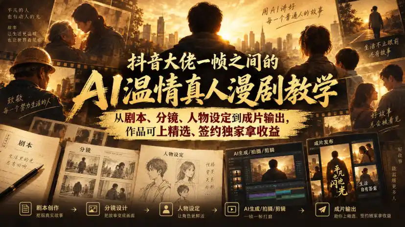 抖音大佬一帧之间的AI温情真人漫剧教学，从剧本、分镜、人物设定到成片输出，作品可上精选、签约独家拿收益-二当家网创资源站
