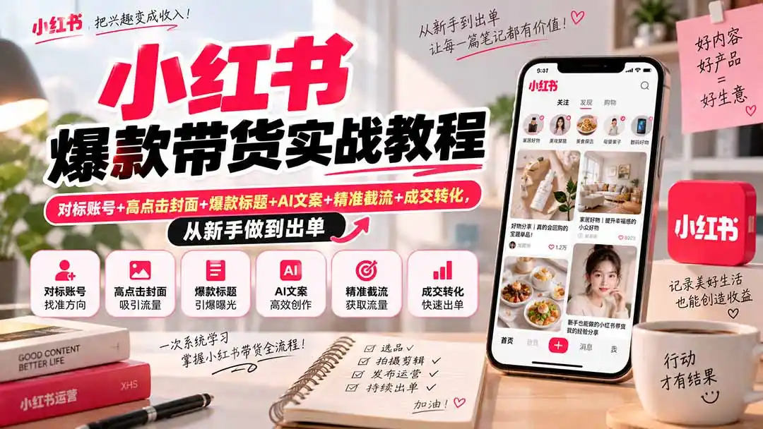 小红书爆款带货实战教程｜对标账号+高点击封面+爆款标题+AI文案+精准截流+成交转化，从新手做到出单-二当家网创资源站
