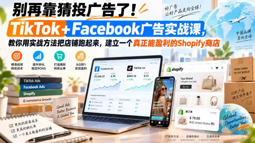 别再靠猜投广告了！TikTok+Facebook广告实战课，教你用实战方法把店铺跑起来，建立一个真正能盈利的Shopify商店【原创双语字幕】-二当家网创资源站