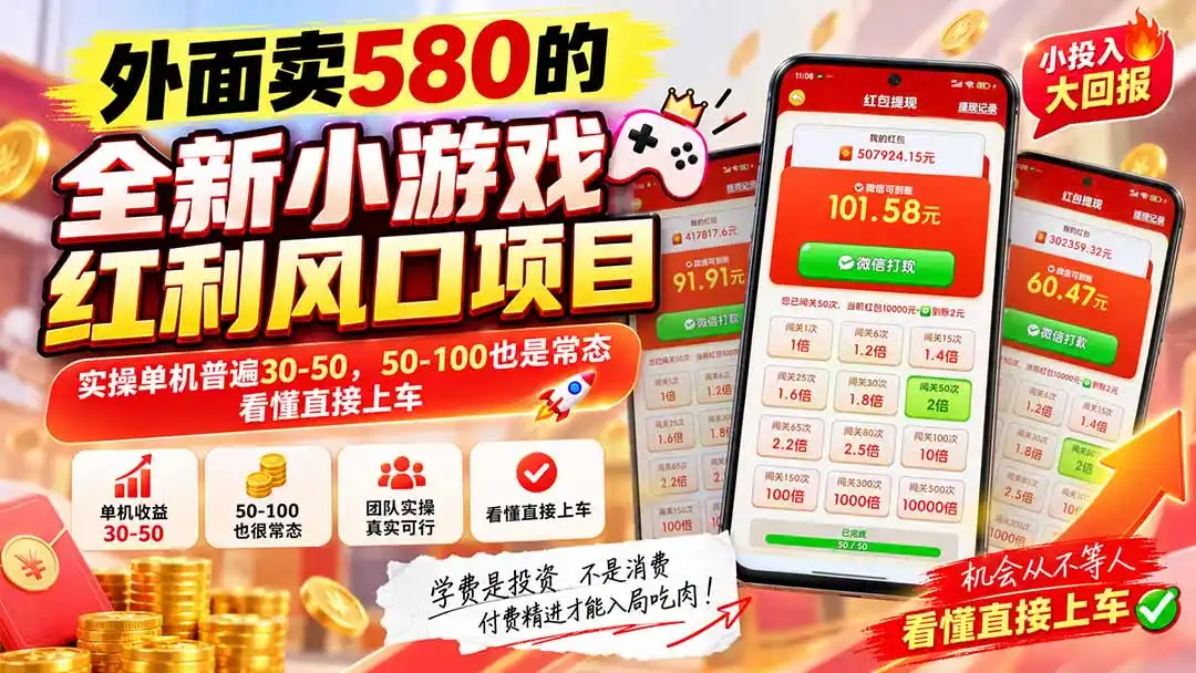外面卖580的全新小游戏红利风口已炸场，实操单机普遍30-50，50-100也是常态，看懂直接上车-二当家网创资源站