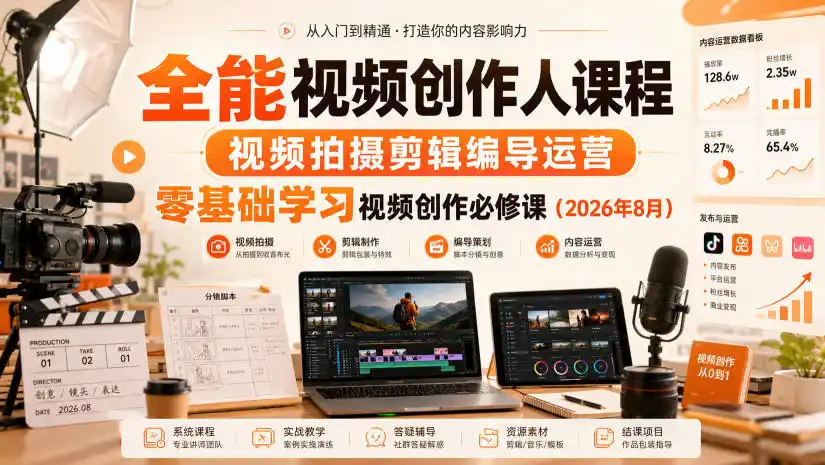 全能视频创作人课程，视频拍摄剪辑编导运营，零基础学习视频创作必修课(2026年8月)-二当家网创资源站