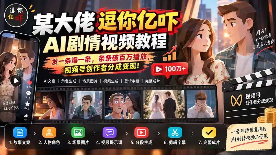 某大佬逗你亿吓AI低模剧情视频制作教程:发一条爆一条,条条破百万播放,利用视频号创作者分成变现!-二当家网创资源站