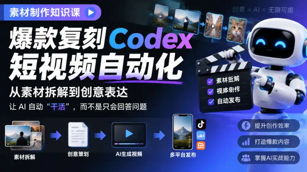 素材制作知识课,爆款复刻Codex短视频自动化,从素材拆解到创意表达,让AI自动“干活”,而不是只会回答问题