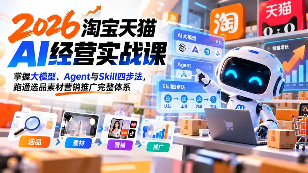 【无水印】2026淘宝天猫AI经营实战课:掌握大模型、Agent与Skill四步法,跑通选品素材营销推广完整体系-二当家网创资源站