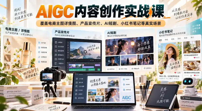 AIGC内容创作实战课，覆盖电商主图详情图、产品宣传片、AI短剧、小红书笔记等真实场景-二当家网创资源站