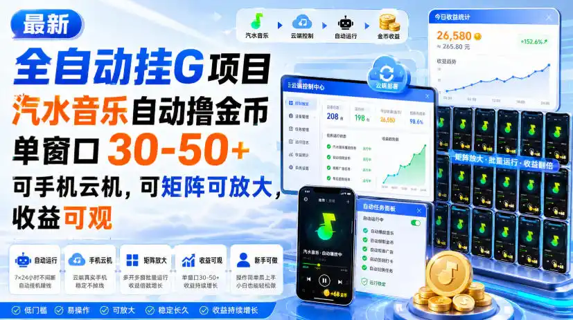最新全自动挂G项目，汽水音乐自动撸金币单窗口30-50+，可手机云机，可矩阵可放大，收益可观-二当家网创资源站