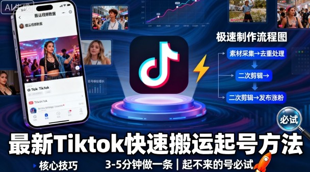 最新Tiktok快速搬运快速起号方法，3-5分钟做一条，起不来的号可以试试-二当家网创资源站