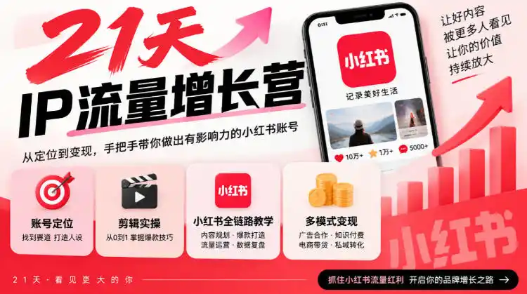 21天IP流量增长营，小红书全链路教学，账号定位剪辑实操，多模式变现系统课-二当家网创资源站