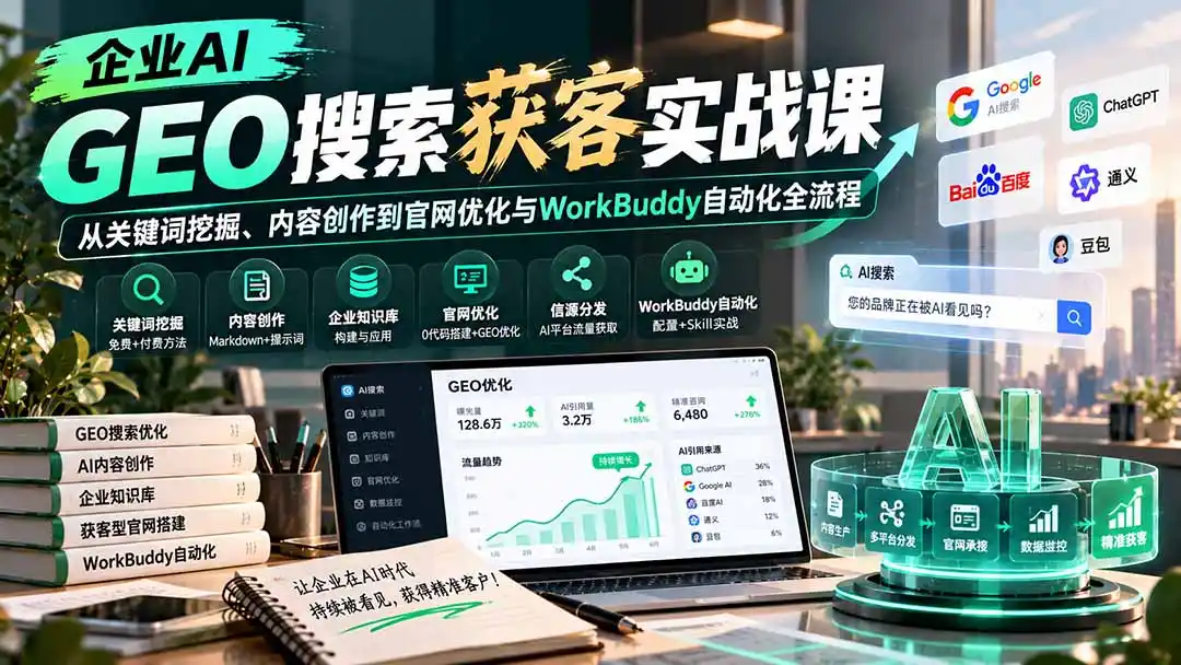 企业AI GEO搜索获客实战课:从关键词挖掘、内容创作到官网优化与WorkBuddy自动化全流程-二当家网创资源站
