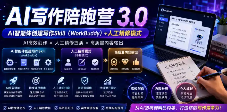 AI写作陪跑营3.0,Ai智能体创建写作skill(workbuddy)+人工手写模式(手搓模式),去除AI痕迹(头条号、公众号、百家号)(更新0814)-二当家网创资源站