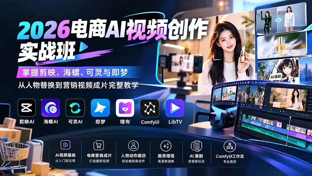 2026电商AI视频创作实战班:掌握剪映、海螺、可灵与即梦,从人物替换到营销视频成片完整教学-二当家网创资源站