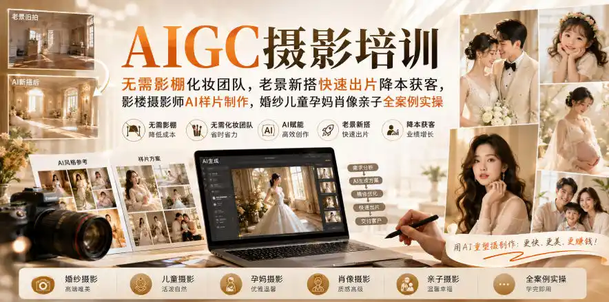 AIGC摄影培训|无需影棚化妆团队,老景新搭快速出片降本获客,影楼摄影师AI样片制作,婚纱儿童孕妈肖像亲子全案例实操-二当家网创资源站