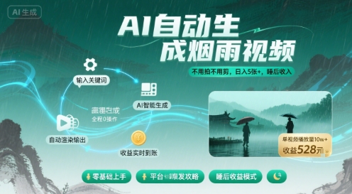 不用拍不用剪！AI自动生成烟雨视频，日入5张+，睡后收入-二当家网创资源站