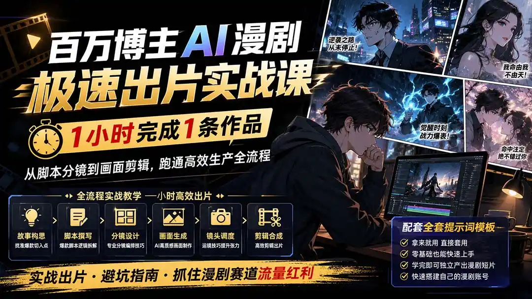 百万博主AI漫剧极速出片实战课:1小时产出条作品,从脚本分镜到画面剪辑,跑通高效生产全流程-二当家网创资源站