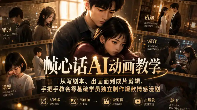 帧心话AI动画教学｜从写剧本、出画面到成片剪辑，手把手教会零基础学员独立制作爆款情感漫剧-二当家网创资源站
