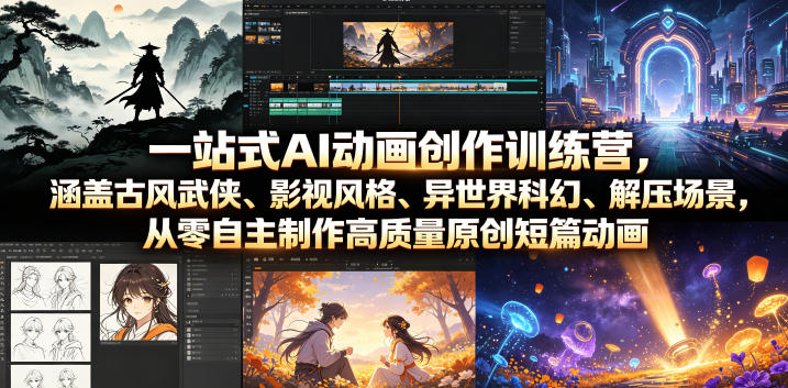 一站式AI动画创作训练营,涵盖古风武侠、影视风格、异世界科幻、解压场景,从零自主制作高质量原创短篇动画-二当家网创资源站