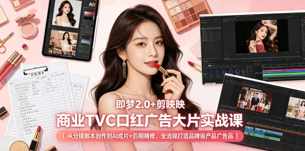 即梦2.0+剪映商业TVC口红广告大片实战课｜从分镜脚本创作到AI成片+后期精修，全流程打造品牌级产品广告-二当家网创资源站